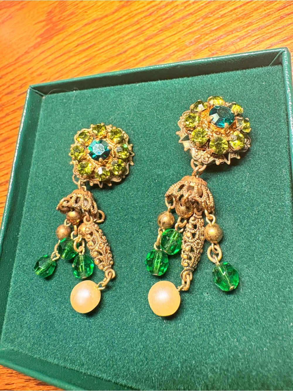 Antique Green Crystal Drop Clip Earrings West Germany